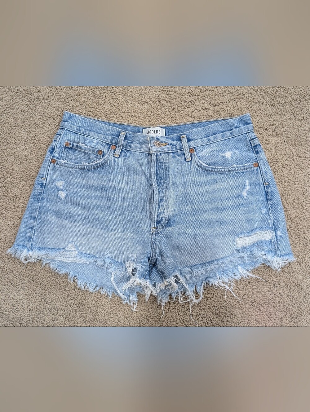 AGOLDE Parker Medium Blue Distressed Denim Shorts | Size 29 / 8